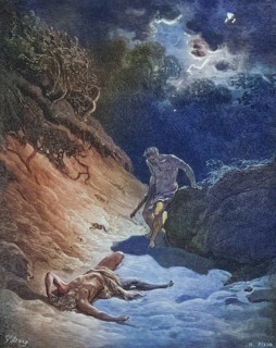 Copperplate engraving from the Dore Bible illustrating Genesis, The Death of Abel by Gustave Dore