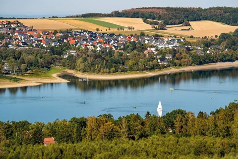 Lake Möhne, reservoir in the northern Sauerland, the village of Körbecke on the northern shore,