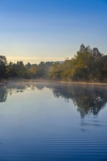 Sunrise with fog, Mühlweiher at Reutberg Monastery, Sachsenkam, Tölzer Land, Alpine foothills,