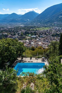 View of Merano from the mountain station of the chairlift to Dorf Tyrol, Hotel Pool, South Tyrol,