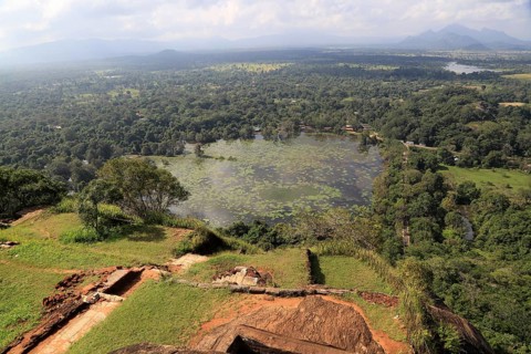 View of lake and forest from rock palace, Sigiriya, Central Province, Sri Lanka, Asia