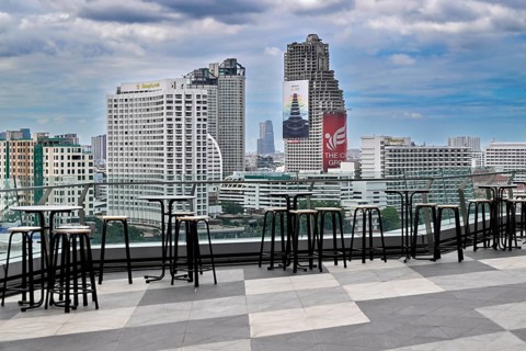 Shangri-La Hotel and Sathorn Unique Tower with iphone advert, Bangkok, Thailand, Asia