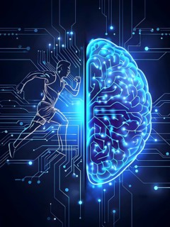 Abstract brain split into two halves, one side athletic motion, the other side neural network,