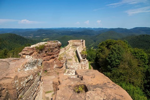 Wegelnburg Castle in the Palatinate Forest-North Vosges biosphere reserve. At 570.9 metres above