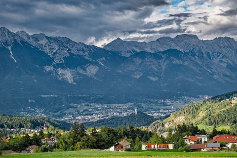 View of Innsbruck and the mountains of the Innsbruck Nordkette, Alpine landscape, Innsbruck, Tyrol,