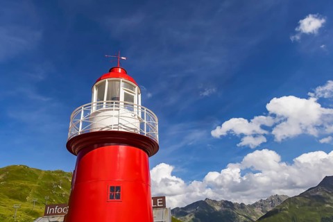 Oberalp Pass, top of the pass. The only lighthouse in the Alps stands near the source of the Rhine