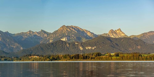 Panorama over the Hopfensee, Ostallgäu, behind it the Tannheimer mountains with the Aggenstein,