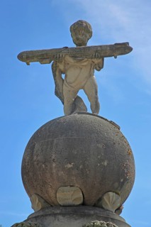 Jack with airship in arms, sculpture, miniature, ball, carry, detail, Zeppelin fountain, city