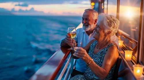 Happy senior romantic couple celebrate onboard of luxury cruise ship with glass of wine at sunset,