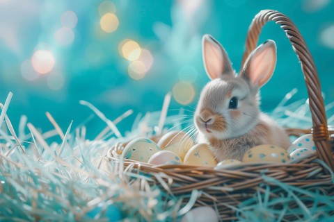 Cute Easter bunny sits beside a basket filled with colorful, decorated eggs amidst a vibrant green