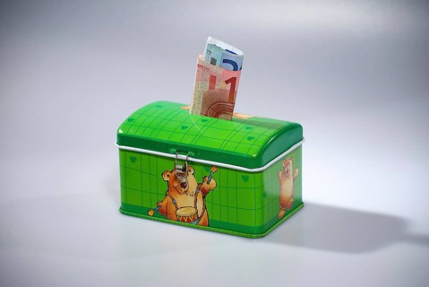 Metal money box with euro banknotes in the slot, Hamburg, Hamburg, Federal Republic of Germany