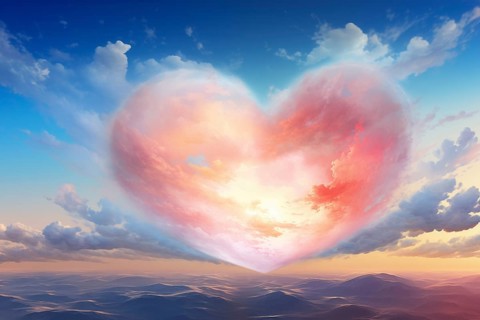 Painting of a heart-shaped cloud illuminated by the warm hues of sunset, floating above a serene