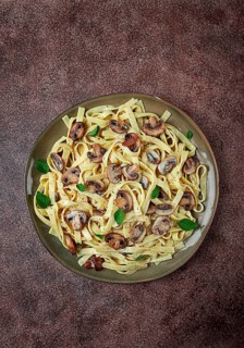 Fettuccine with champignons, basil, in cream sauce, homemade, no people