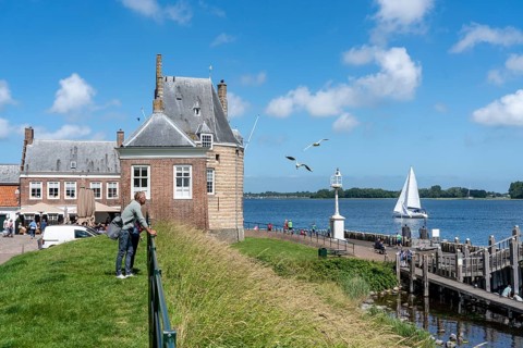 The town of Veere, province of Zeeland, Veerse Meer, Campveerse Tor tor, jetty, inland sea,