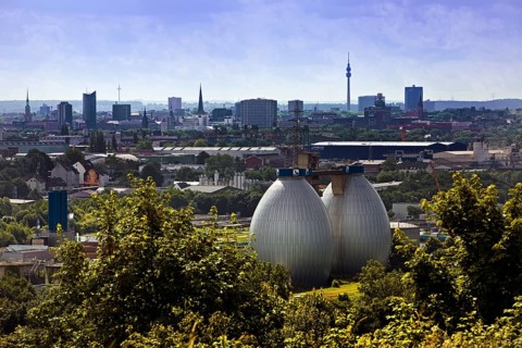 City panorama from Deusenberg with digesters and Florianturm, Dortmund, Ruhr area, North
