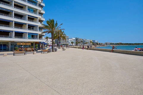 A sunny seafront promenade with people, palm trees and modern buildings along the coast, Le