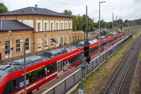 Railway station with station building and regional railway. Bad Belzig, Brandenburg, Germany,