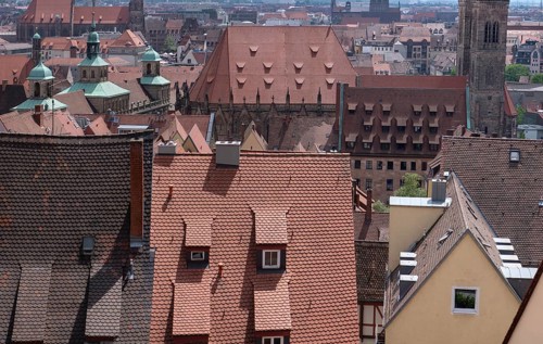 View of the roofscape of the historic city centre from the castle's parapet, Nuremberg, Middle