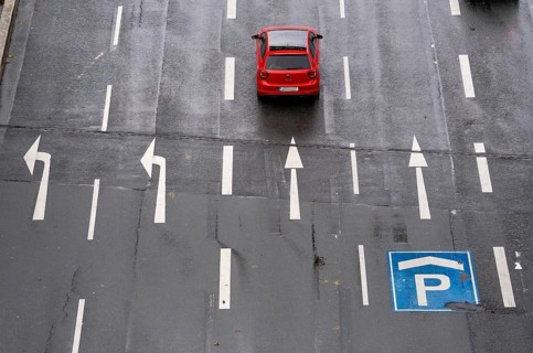 City centre road, 5 lanes at a traffic light junction, for different directions of travel, North