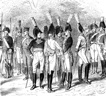 Portrait Prussian officers and soldiers, uniform, sabre, hat, boots, pride, exalted, conversation,