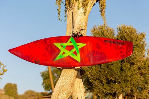 Surfboard sign, Radisson Blu Resort, Taghazout Bay Surf Village, Taghazout, Morocco, North Africa,