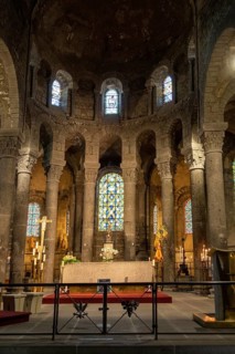 Orcival. Choir of Notre-Dame d'Orcival basilica showcasing Auvergne Romanesque architecture in