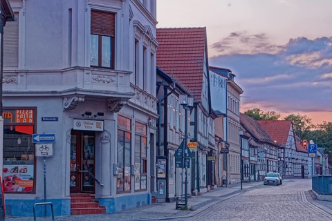 Breite Straße, a cobbled street with shops and flats in historic half-timbered buildings in the old