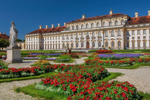 Garden parterre with flowerbeds in front of the New Palace in the Schleissheim Palace complex,
