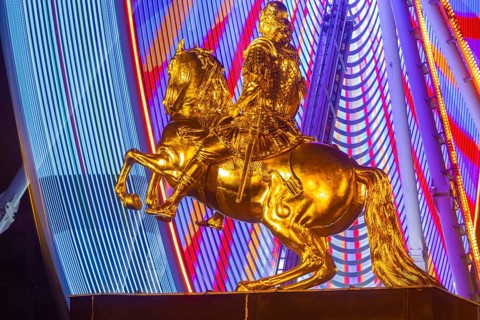 Augustus Market in Dresden. Equestrian statue of Augustus the Strong, also known as the Golden