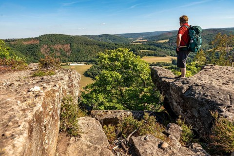 Eugenienstein, view into the Rur valley, landscape along the red sandstone route, in the Rureifel,