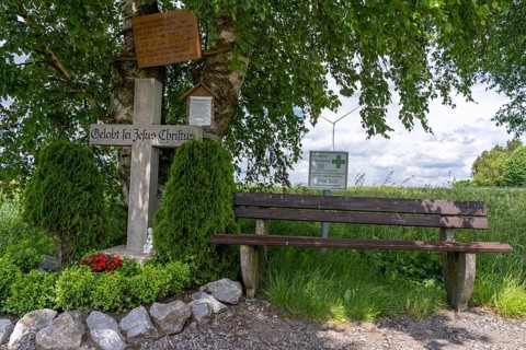 Wind farm north of Marsberg, wayside cross, park bench and emergency sign, rescue point,