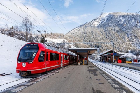 Rhaetian Railway train on the Albula railway Stadler Rail Capricorn passenger train at Filisur