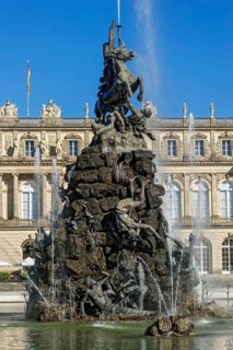 Fountain figure, winged goddess Fama riding a horse, Fama fountain, Famabrunnen, fountain,