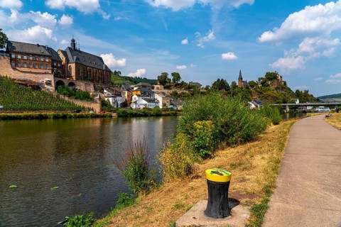 The town of Saarburg, on the Saar, castle, Protestant church, old town bridge, excursion boat,