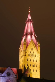 Paderborn Cathedral, St. Liborius, illuminated tower, night shot, Paderborn, Westphalia, North