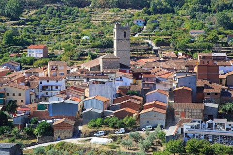 Looking down on rooftops of nucleated village Garganta la Olla, La Vera, Extremadura, Spain, Europe
