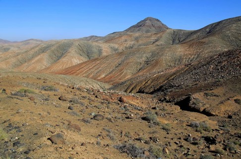 Bare moon-like arid landscape in mountains between Pajara and La Pared, Fuerteventura, Canary