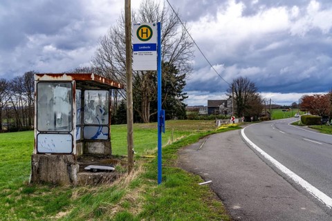 Old, dilapidated bus shelter on a country road, B 483, near Radevormwalde Landwehr, bus route 339,