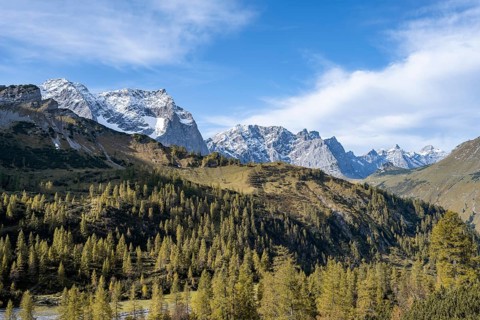 Mountain panorama with steep rocky peaks, yellow-coloured larches in autumn, view of Laliderspitze,
