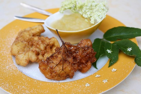 Swabian cuisine, elderberry cakes with apple sauce, Hollerkiacherl, elderflowers in pastry,