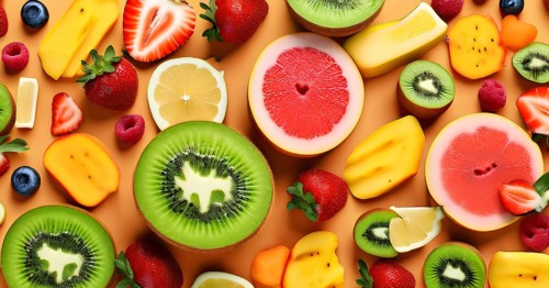 Colorful and artfully arranged slices of fruits like mangoes, strawberries, and kiwi, AI generated