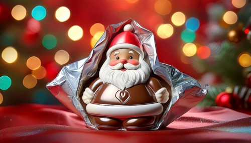 Chocolate Father Christmas, half wrapped in aluminium foil, in front of a Christmas background,