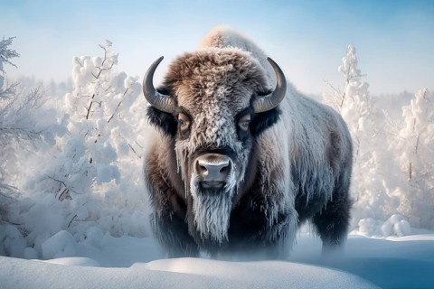 Large male bison covered with ice walking in snow, AI generated