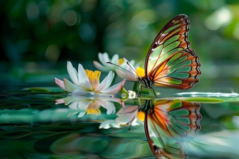 Beautiful stylized colored crystal butterfly on water, AI generated