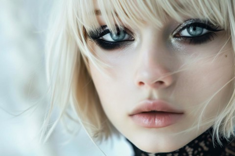 Portrait of young attractive woman with blond hair with bon hairstyle with bangs and black