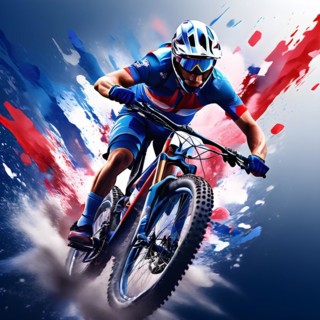 Olympic 2024 mountain biker metamorphosed into fluid abstract shapes french tricolor blue white