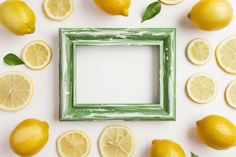 Top view of empty green vintage style picture frame surrounded by whole lemon fruits and slices on