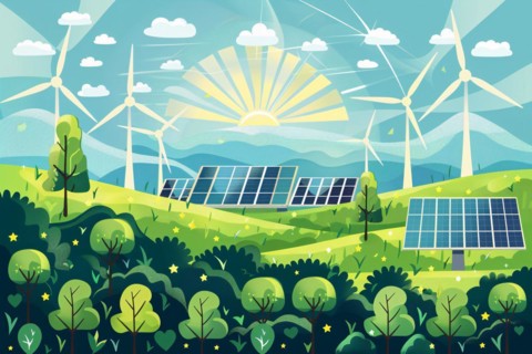 Renewable energy concept illustration with wind turbines and solar panels. KI generiert, generiert,