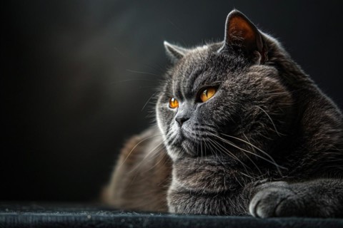 Cute British Shorthair cat on dark background. KI generiert, generiert, AI generated
