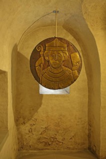 Historical gold disc with Bishop Conrad I of Constance, metal disc, treasure, golden, shiny,
